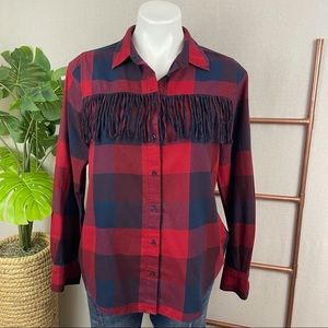 Zara Red & Blue Plaid Fringe Button Down Shirt (Sz Medium)